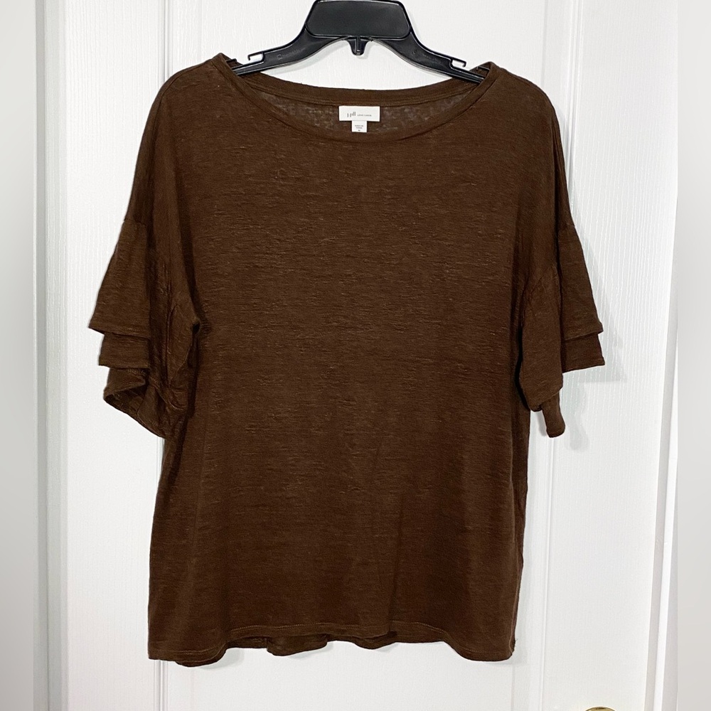 J.Jill Love LINEN Tiered Ruffle Sleeve Relaxed Fit Top Brown Medium
